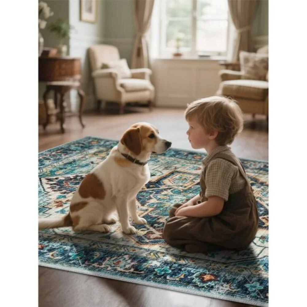 New 5x7 Vintage Area Rug, Washable Low-Pile Non-Slip Carpet for Home & Office